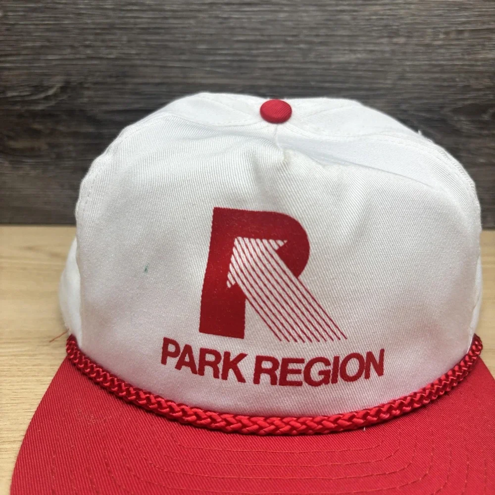 Park Region Hat Cap Snap Back Red White Rope Cord Advertising Mens Otto‎ Cap